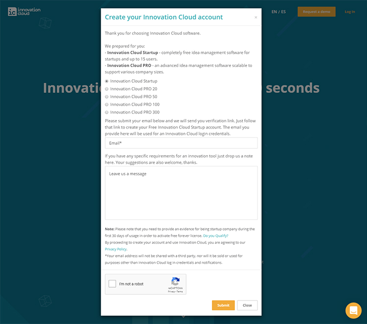 Create Innovation Cloud Startup for free